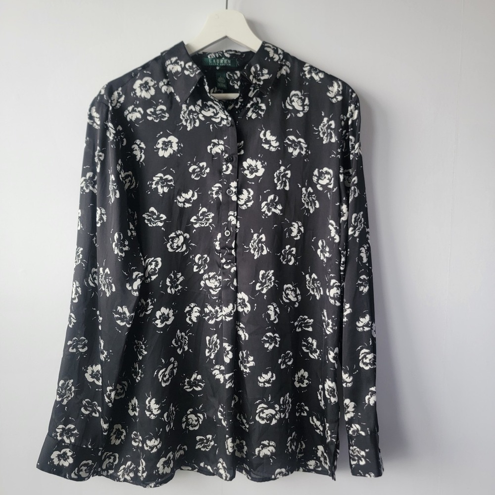 Lauren Ralph Lauren womens floral button up shirt sz L dark romantic Work Career